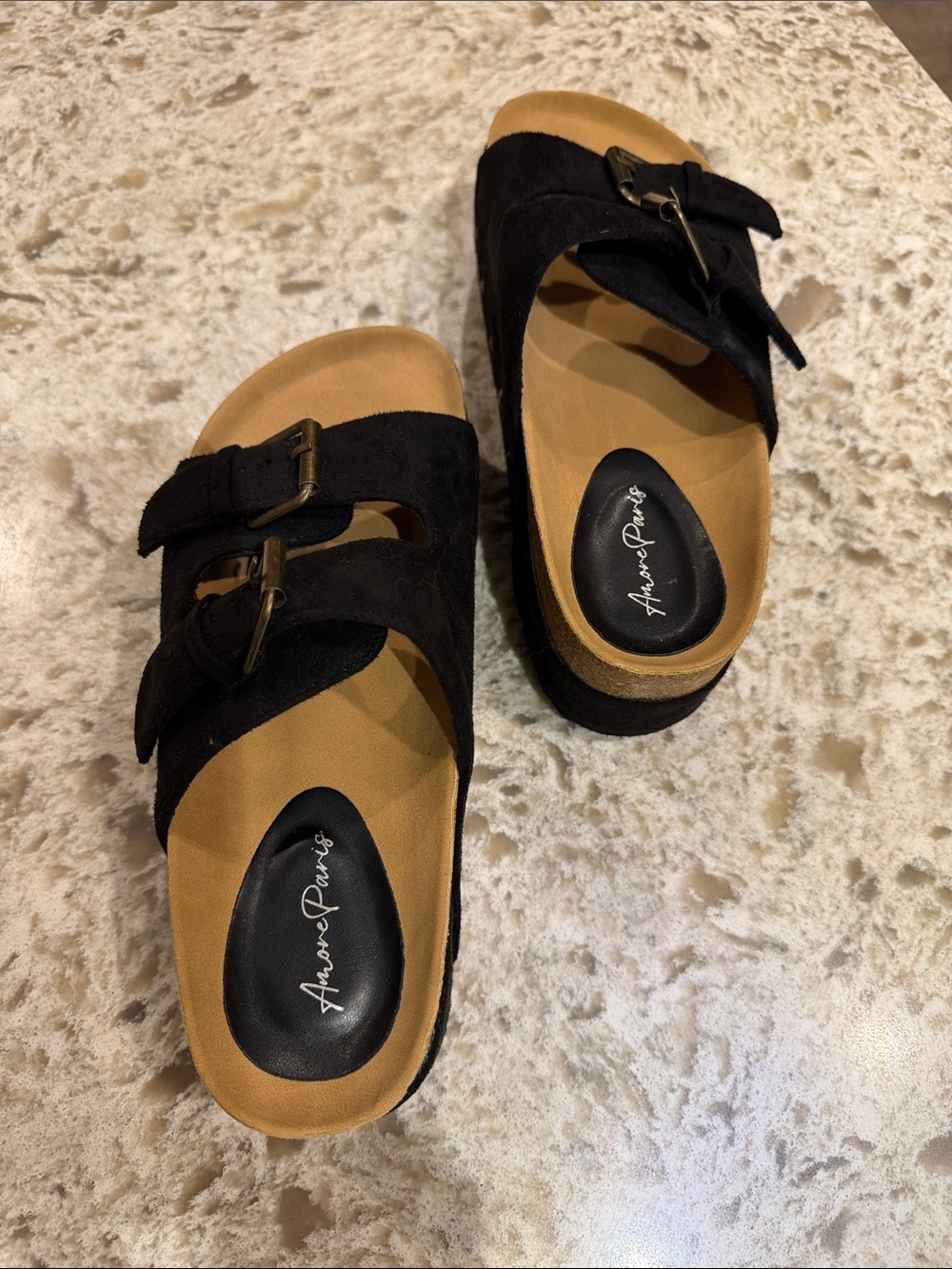 Black Suede Double-Buckle Slide Sandals with Tan Footbed